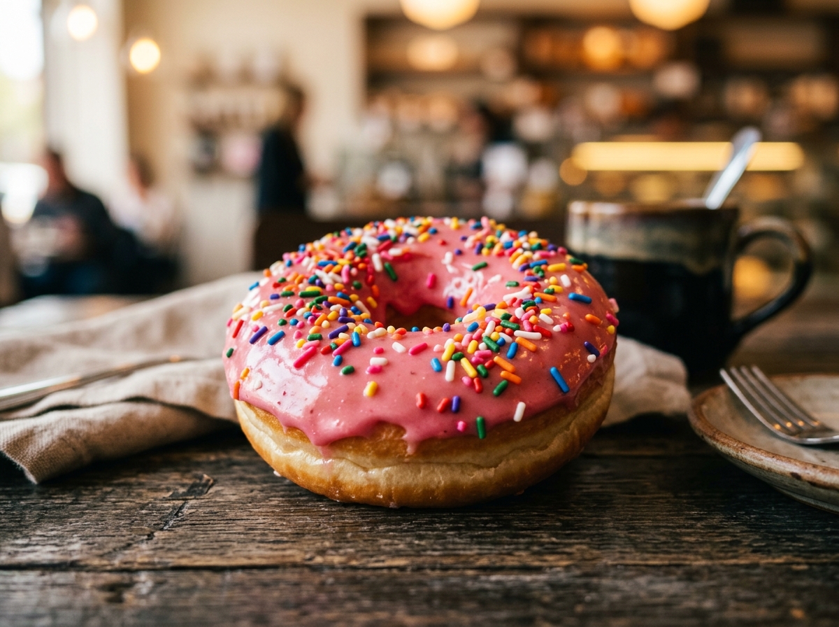 Pink glazed donut with rainbow sprinkles