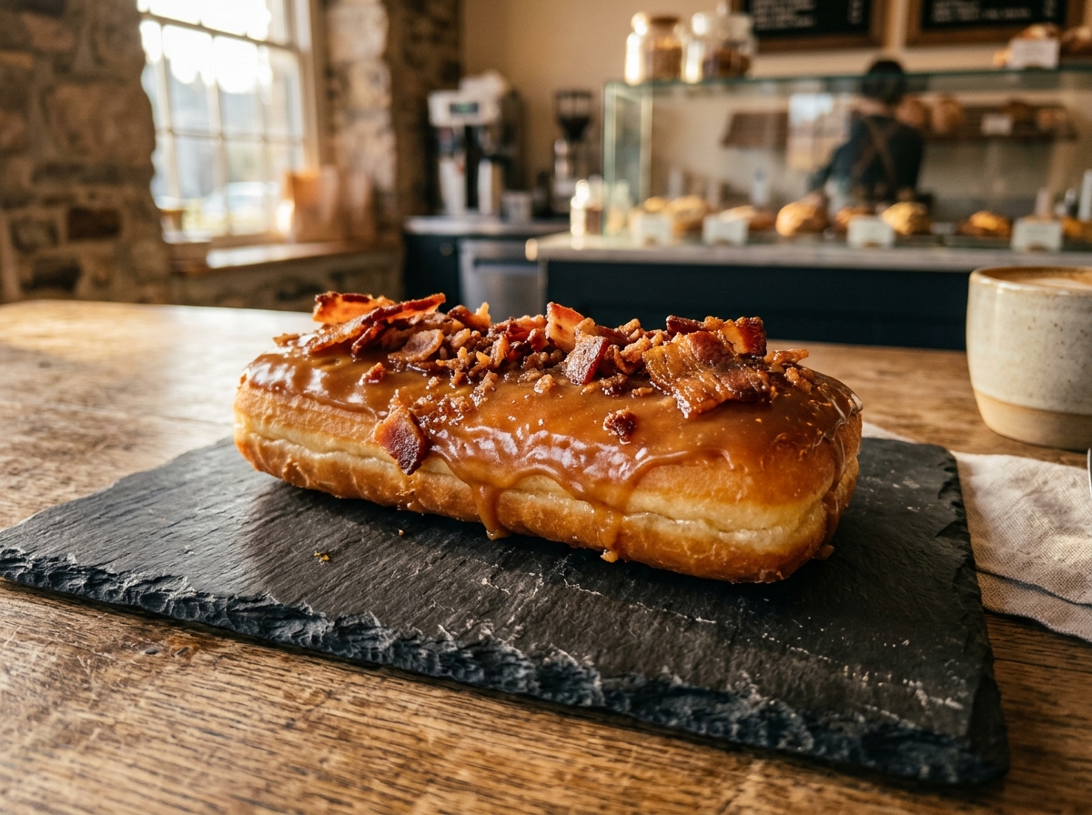 Bacon maple bar donut on slate